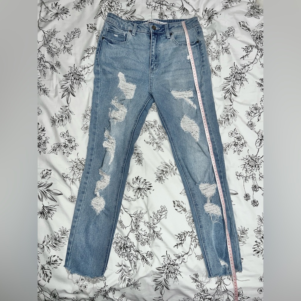 Distress denim straight leg jeans